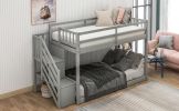 Twin-Over-Twin Floor Bunk Bed, Built-In Ladder with Storage, Stylish Gray Finish - Gray