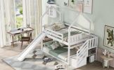 Twin-Over-Twin House Bunk Bed, Convertible Slide, Storage Staircase - White