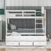 Twin over Twin Wood Bunk Bed with Trundle and Drawers,White - White