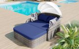 79.9" Outdoor Sunbed with Adjustable Canopy;  Double lounge;  PE Rattan Daybed - Blue+Grey