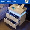 Nightstand LED Bedside Table Cabinet Lights Modern End Side with 2 Drawers for Bedroom (White) - as Pic