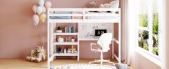 Full Size Wooden Loft Bed with Shelves, Desk and Writing Board - White