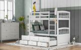 Twin over Twin Wood Bunk Bed with Trundle and Drawers,White - White