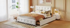 Upholstered Platform Bed with Classic Headboard and 4 Drawers;  No Box Spring Needed;  Linen Fabric;  Queen Size - White