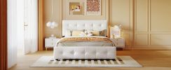 Upholstered Platform Bed with Classic Headboard and 4 Drawers;  No Box Spring Needed;  Linen Fabric;  Queen Size - White