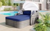 79.9" Outdoor Sunbed with Adjustable Canopy;  Double lounge;  PE Rattan Daybed - Blue+Grey