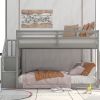 Twin-Over-Twin Floor Bunk Bed, Built-In Ladder with Storage, Stylish Gray Finish - Gray