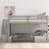 Twin-Over-Twin Floor Bunk Bed, Built-In Ladder with Storage, Stylish Gray Finish - Gray